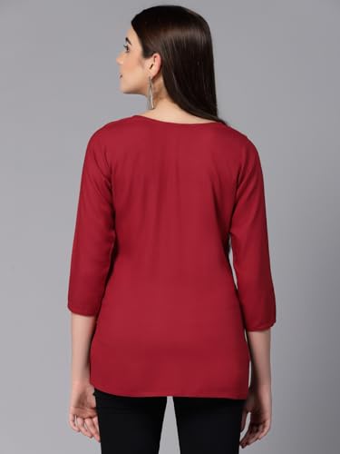 Image of QAZMI Women's Rayon Embroidered Tunic Shirt (Regular Kurti Red