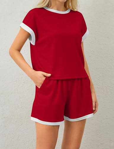 Image of MISSACTIVER 2 Piece Lounge Set Women Stripe Knit Short Sleeve Tee Shirts Shorts Casual Summer Loungewear Shorts Sets