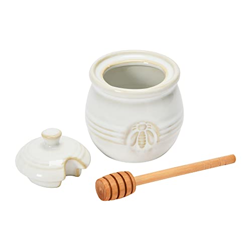 Creative Co-Op Farmhouse Embossed Stoneware Honey Pot with Wood Honey Dipper, White by Creative Co-Op - Image 5