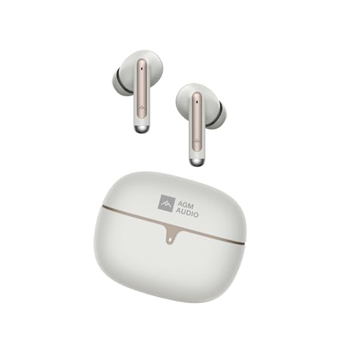 AGM Buds 5 Auriculares Inalámbricos Bluetooth 5.4, Sonido Estéreo, Graves Profundos, 40H de Reproducción, Mini Estuche de Carga, Resistencia al Agua y al Sudor IP54 para iOS y Android, Gris Marfil