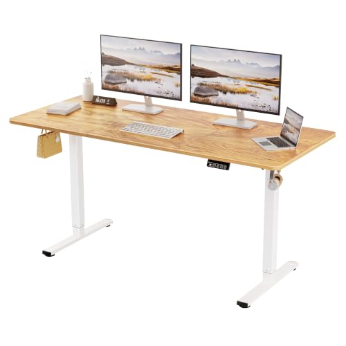 ERGOMAKER Electric Standing Desk 160x70cm, 2 Memory Heights, Light Brown