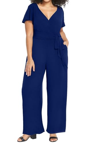 RED DOT BOUTIQUE 705 - Jumpsuit Plus Size V Neck Flutter Short Sleeves Wide Pants With Pockets (Flutter Slv Royal Blue, 4X)