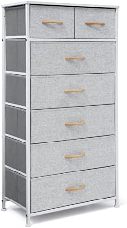 VredHom Tall Dresser Organizer, 7 Drawers Dresser Fabric Storage Closets Storage Units Organizer Tower Steel Frame Wooden Top for Bedroom, Hallway,Nursery, Entryway(Light Grey)
