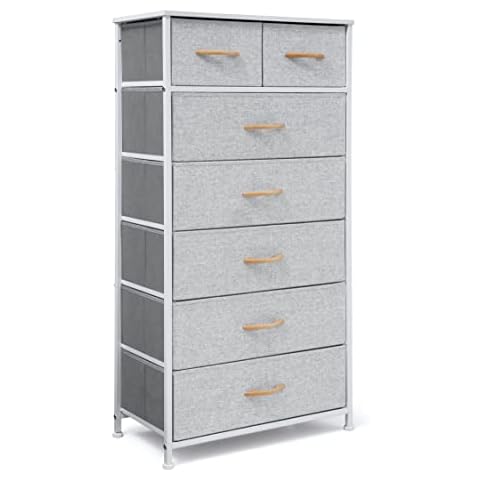VredHom Tall Dresser Organizer, 7 Drawers Dresser Fabric Storage Closets Storage Units Organizer Tower Steel Frame Wooden Top for Bedroom, Hallway,Nursery, Entryway(Light Grey) Cover