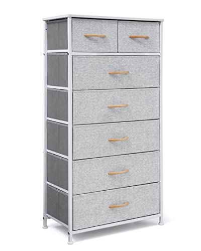 Vredhom Tall Dresser Organizer, 7 Drawers Dresser Fabric Storage Closets Storage Units Organizer Tower Steel Frame Wooden Top For Bedroom, Hallway,Nursery, Entryway(Light Grey) #TOP11