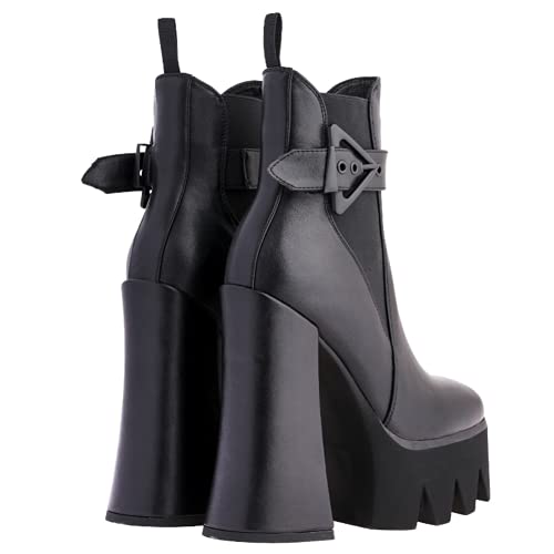 DETOGNI Women's Buckle Strap Thick Heel Square Toe Platform Booties Ladies' Elastic band High Heel Fashion Casual Ankle Boots2