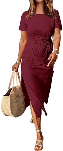 ANRABESS Women's 2026 Summer Maxi Tshirt Dress Short Sleeve Crewneck Tie Waist Casual Slim Fit Slit Spring Long Beach Dresses