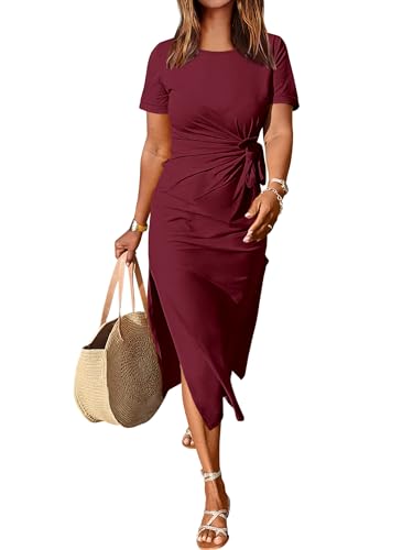 ANRABESS Women's 2025 Summer Maxi Tshirt Dress Short Sleeve Crewneck Tie Waist Casual Slim Fit Slit Spring Long Beach Dresses Burgundy Large