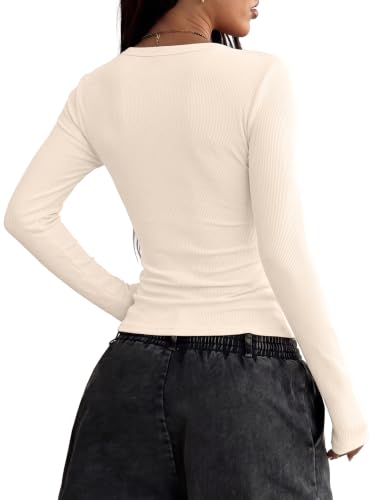 Sampeel Long Sleeve Shirts for Women 2026 Fall Fashion V Neck Tops Slim Fit Apricot — view 5