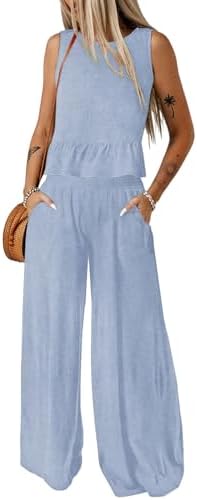 Dokotoo Pants Sets Women 2 Piece Outfits Sleeveless Round Neck Tank Tops Matching Sets for Women Elastic Waist Wide Leg