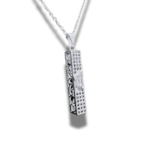 Sterling Silver Judaica Pendant Necklace with Square Mezuzah Charm, Gem Cut Crystals