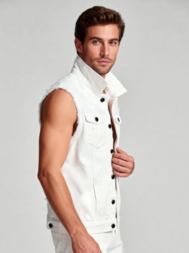 Image of Men's Sleeveless Ripped Denim Vest Casual Slim Fit Button Down Jeans Vests Jacket