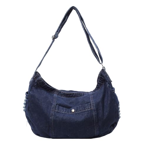 Image of Denim Shoulder Bag for Women,Canvas Tote Messenger Bag with Zipper,Large Casual Crossbody Hobo Handbag Denim Purse