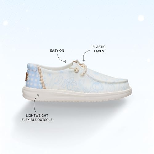 Image of HEYDUDE Girl's Youth Wendy Garden Floral Slip On Shoe | Skyway Blue /Multi | Lightweight Loafer with Elastic Laces