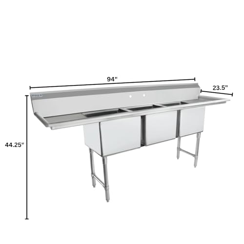 Image of Empura 94 inch Wide Stainless Steel Three Compartment Commercial Sink | Utility 18 inch x 18 inch Bowl for Restaurant Laundry Garage | (2) 18 inch Drainboard, 9.75 inch Backsplash, 94 inchW x 23.5 inchD x 44.25 inchH, 16 Gauge, NSF