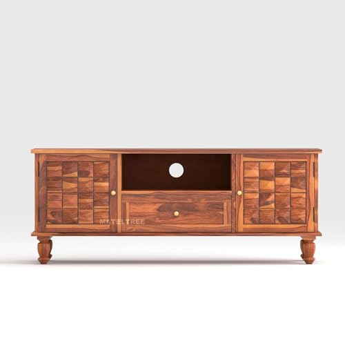 Image of Sheesham Wooden TV Unit for Living Room 55+ Inch Furniture - WoodenTV Unit with Drawer Shelves & 2 Door Wooden TV Cabinet for Living Room - Fits up to 55-Inch TV (James, Honey Finish)