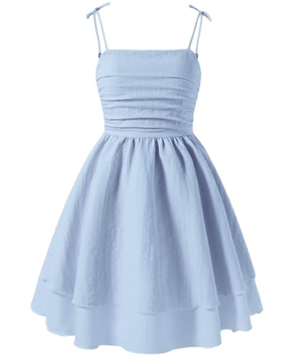 Ohrwurm Girls Smocked Ruched A Line Swing Dress Spaghetti Strap Layered Tie Shoulder Casual Beach Midi Sundress