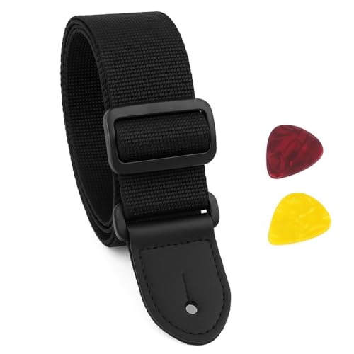 Image of BLUE PANTHER Black Guitar Strap with 2 Guitar Picks - Adjustable, Comfortable, Durable - Fits Acoustic, Electric & Bass Guitars - Universal Fit
