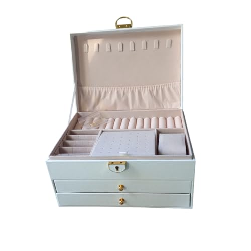 Porta-Joias Premium com 2 Camadas, 88 Espaços para Brincos, 15 Ganchos para Colares, 36 Anéis, com Chave (Branco)