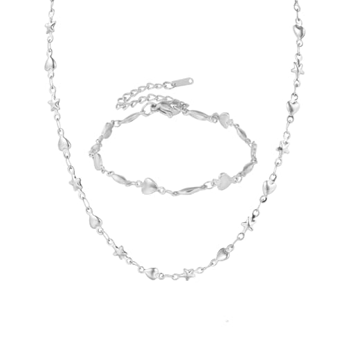 MILAKOO 2 Stück Edelstahl Armband und Halskette Damen Edelstahl Herz Sternförmig Set Armbänder Ketten Set mit Geschenkbox Silber