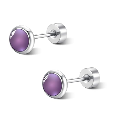 FACOKO Womens Flat-Back Stud Earrings 3mm Amethyst Titanium Studs Cartilage Jewelry Suitable for Sensitive Skin Comfortable Fit