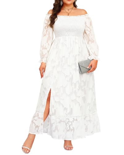Image of Plus Size Summer Dresses Sun - Maxi Boho Casual Off Shoulder Floral Lace Long Dress with Pockets