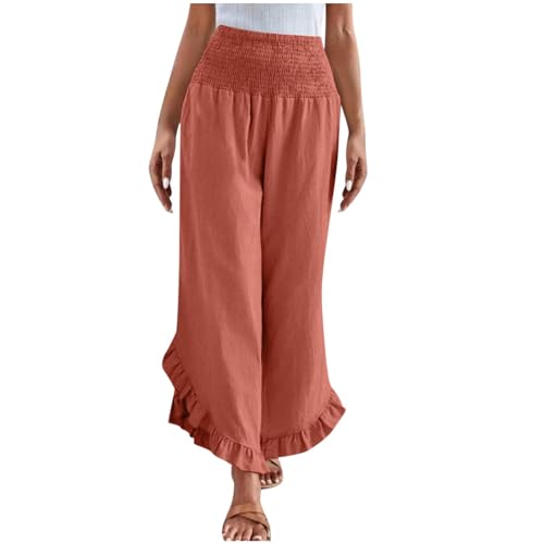 Linen Pants for Women Boho Flowy High Elastic Waisted Palazzo Pants Summer Casual Ruffled Wide Leg Capri Trousers