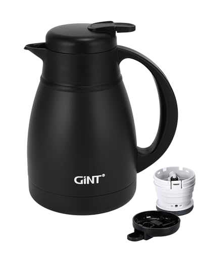 Image of GiNT Insulated Coffee Carafe 34 Oz, Small Stainless Steel Flask for Hot Coffee with Fully Washable Detachable Lid, Portable Thermal Pitcher One-Hand Push Button Tea Dispenser for Travel Camping Office