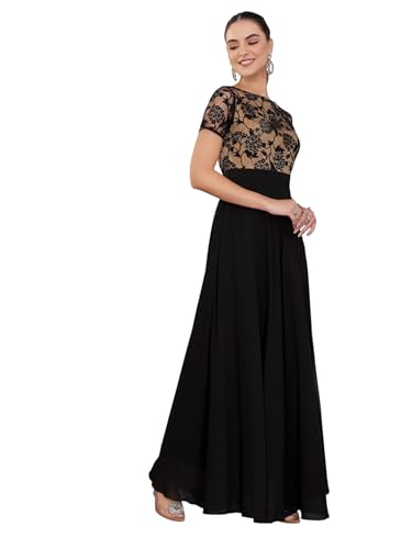 Image of Miss Chase Women's Round Neck Cap Sleeves Lace Knee -Long Skater Dress