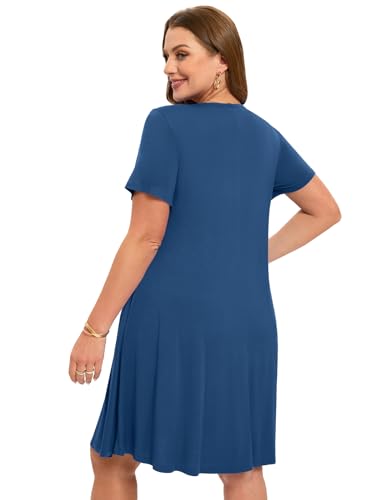 Image of ZENNILO Women's Plus Size Swing Dress with Pockets Casual Summer Dresses V Neck Short Sleeve T Shirt Dress for Women