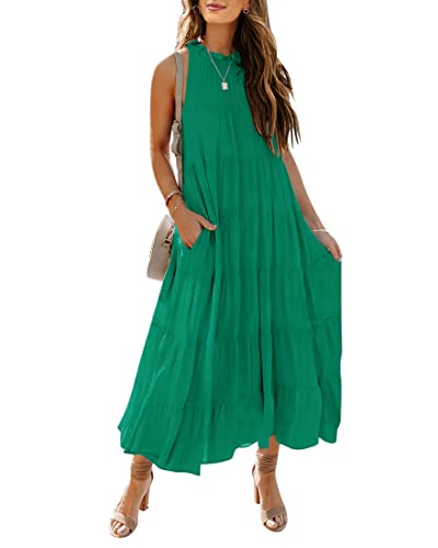Image of HAEOF Women's Summer Sleeveless Halter Midi Maxi Dress Casual Loose Fit Pleated Tiered Flowy Beach Vacation Long Sundress