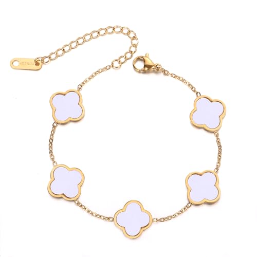 Four Leaf Clover Bracelet 18K Gold Plated Lucky Bracelets for Women Gold Bracelets White Flower Leaf Link Lucky Bracelets Jewelry Adjustable Bracelets for Women Trendy Birthday Gifts for Women