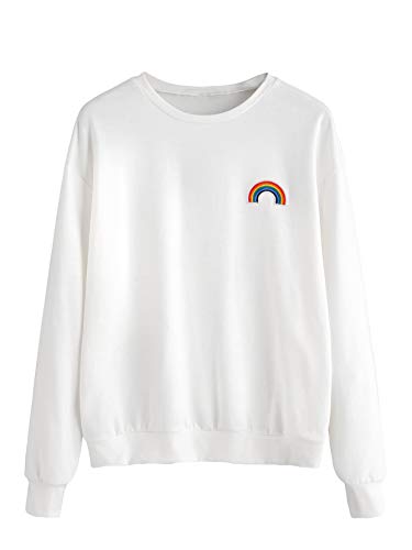 SweatyRocks Womens Rainbow Embroidery Casual Loose Long Sleeve Pullover Sweatshirt White-9 L