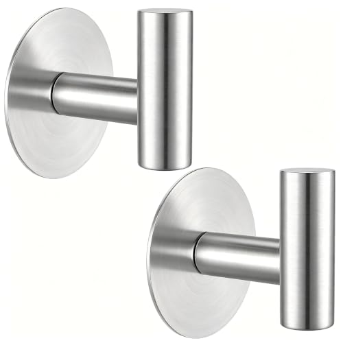 Image of Heavy Duty Self-Adhesive Coat Hooks, Stainless Steel Towel Hooks for Bags, Towels, Robes, Hats, Aprons - No Drill Bathroom, Kitchen, Hotel Wall Hooks (2 Pack, Silver)