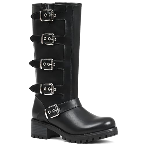 Image of AMINUGAL Knee High Boots Women Square Toe Pull On Wide Calf Riding Fashion Buckles Chunky Metallic Casual Vintage Buckle Rivet