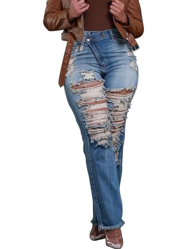HuiSiFang Women's Ripped Straight Leg High Waisted Y2k Jeans Distressed Stretchy Tassel Jeans Streetwear
