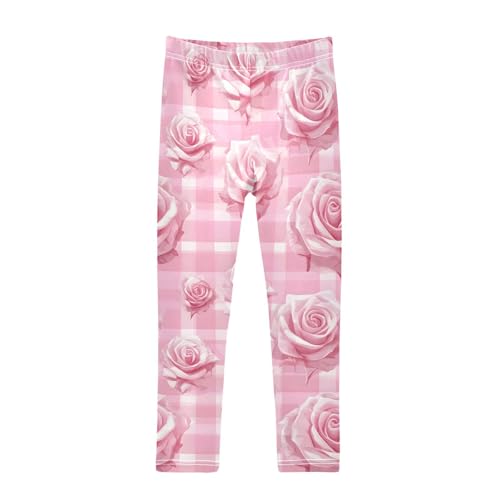 Pink Checked Rose Girls Leggings Ultra Soft Compression Yoga Gym Pants for Kids 4-10T