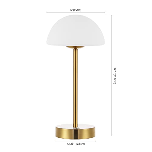 Image of JONATHAN Y Xavier 12.5 inch Metal Cordless LED Table Lamp, Brass Gold | Rechargeable, Dimmable Touch Sensor, White Frosted Glass Dome, Portable Minimalist Accent Light, Integrated Bulb Included