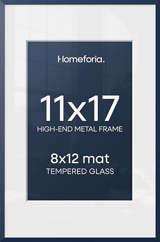 Image of Homeforia 11x17 Picture Frame Navy Blue, High End Metal 11x17 Poster Frames with Mat 8x12 Photo, 11 x 17 Navy Blue Frames Matted to 8 by 12 Print, 17x11 Thin Frames, Tempered Glass, Wall Kit, Set of 2
