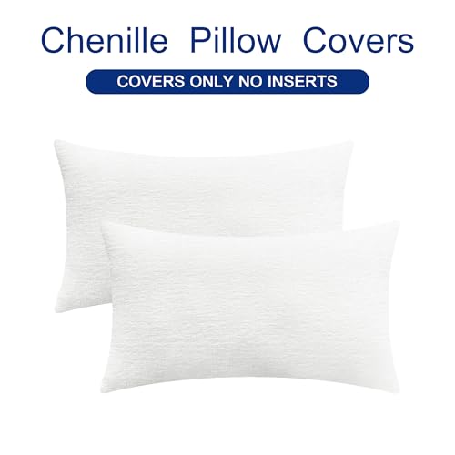 Image of CaliTime Pack of 2 Cozy Bolster Pillow Covers Cases for Couch Sofa Home Decoration Solid Dyed Soft Chenille 12 X 20 Inches True White