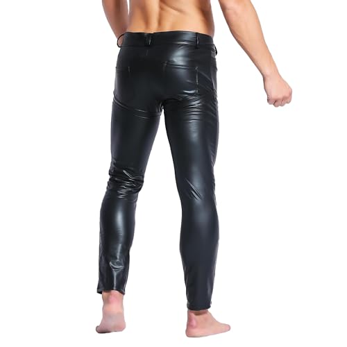 QiaTi Mens Skinny Pants Faux Leather Open Crotch Trousers with Bulge Pouch for Men2