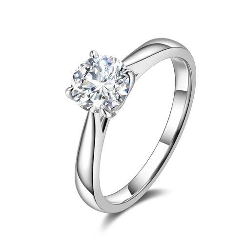 14K Solid White Gold 1ct Moissanite Engagement Ring for Women,6.5MM Main Stone,D Color VVS1 Round Brilliant Cut Moissanite Wedding Promise Proposal Ring for Wife Her Anniversary Bridal Gift,All Size2