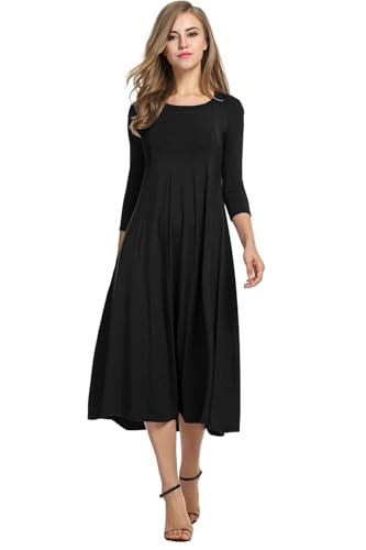 HOTOUCH Women's 3/4 Sleeve Casual Loose Solid Midi T-Shirt Dress (Black XL)