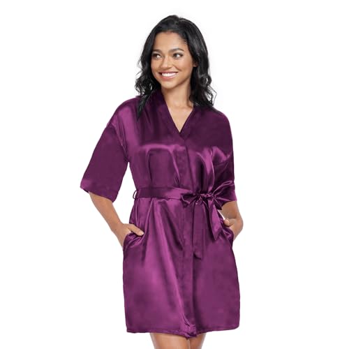 Image of Women's Short Satin Robes Lightweight Silky V-Neck Sleepwear Wedding Bridal Party Bride Bridesmaid Bathrobes