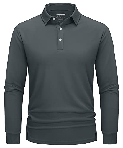 TACVASEN Polo para Hombre de Manga Larga para Golf, de Secado Rápido, Camisas Funcionales, Ligeras, con Cuello de 3 Botones, gris oscuro, 3XL