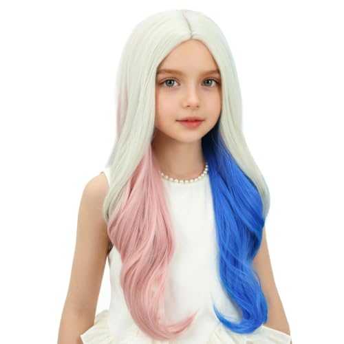 Image of Pink and Blue Wig for Kids Girls Long Blonde Mixed Pink Blue Wavy Curly Wig Children Middle Part Wigs Heat Resistant Synthetic Wigs with Cap