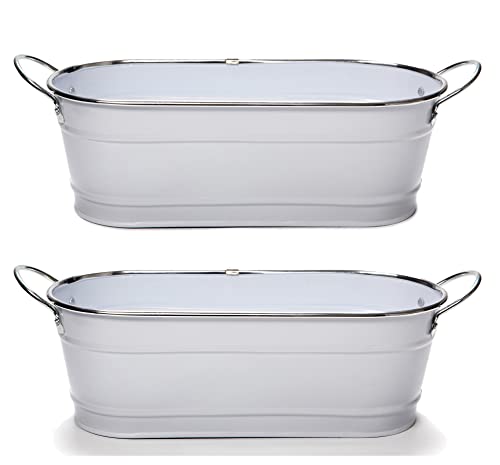 HdHStore/Juego de 2 Jardineras Oval con Filo de Plata y Asas, Color Blanco/Medidas: 32.5x11x10.5 cm./Set de 2 Maceteros Ovalados para Jardín, Ventanas, Patios