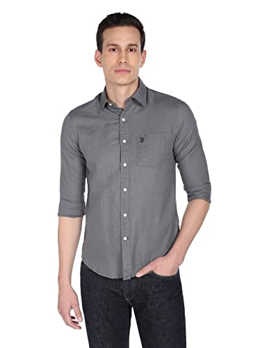 Image of U.S. Polo ASSN. Men's Solid Cotton Linen Tailored Fit Spread Collar Casual Shirt