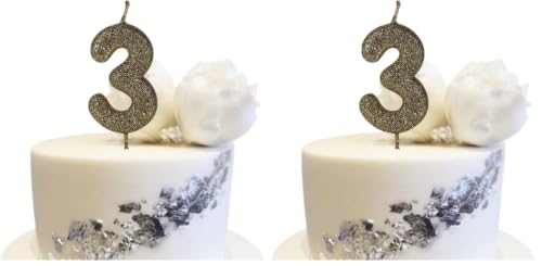 Image of Wanna Party Number 3 Glitter Gold Candle for Birthday Decoration Items /Cake Toppers /Cake Decorations (Pack of 2)