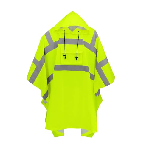 GGS Rain Poncho - High Visibility, Reflective, Wind and Waterproof with Drawstring Hood, Rain Gear for Construction, Camping, Fishing, Hiking, One Size